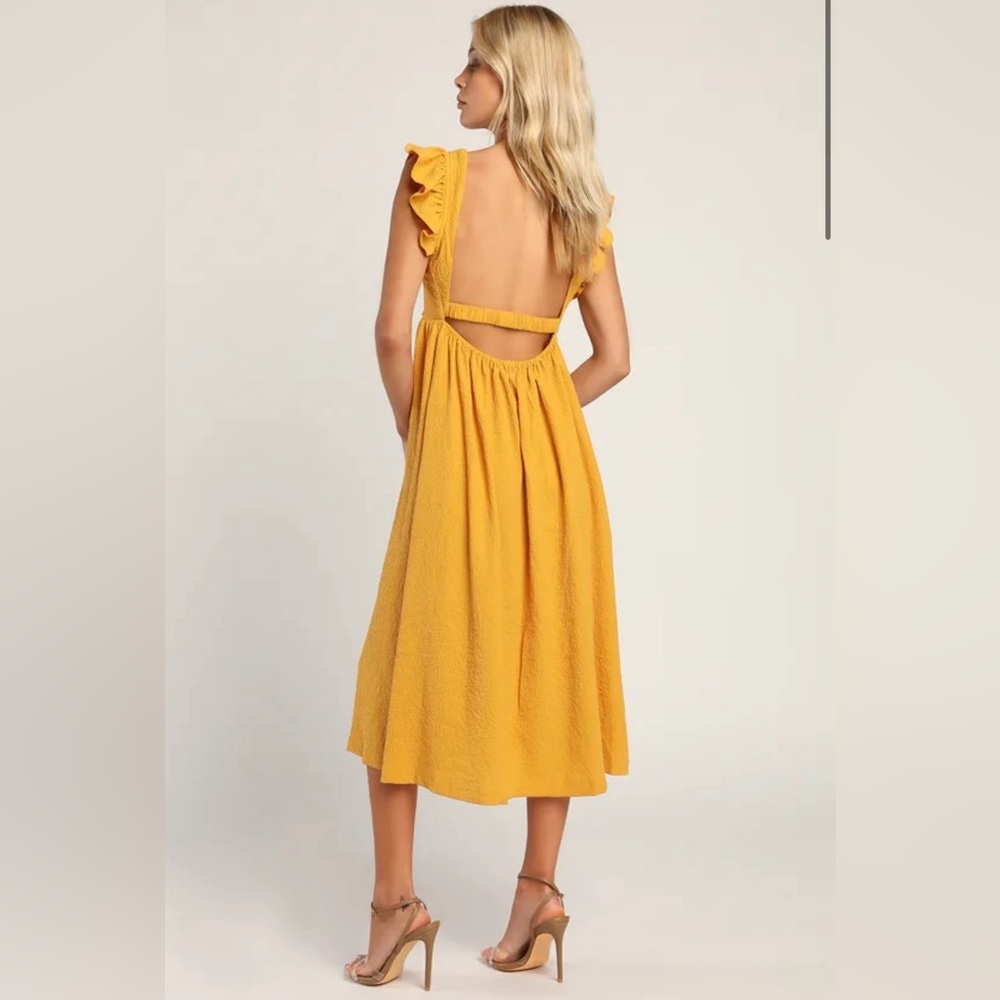 Springtime Splendor Marigold Ruffle Backless Midi Dress - Picture 3 of 5